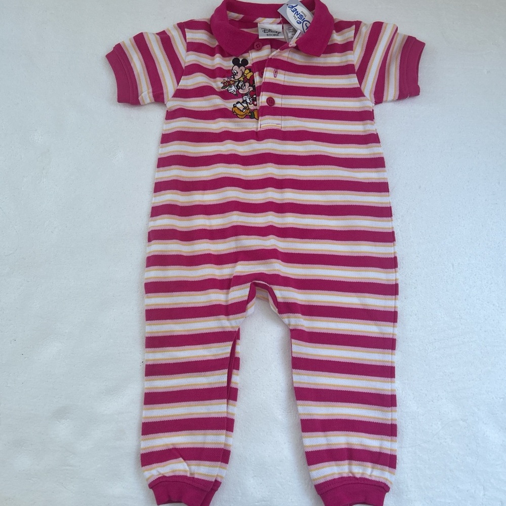 NWT Vintage the Disney store  pink and white striped polo baby romper